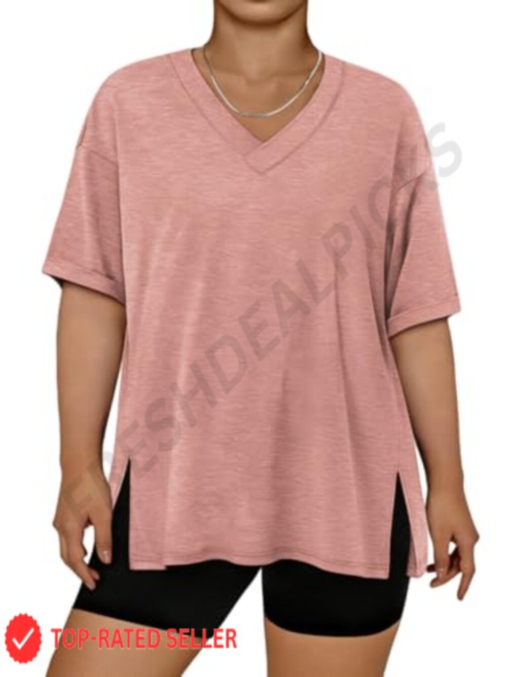 Plus Size V Neck Short Sleeve Tunic Tee Oversized Loose Fit Side Slit Casual Top